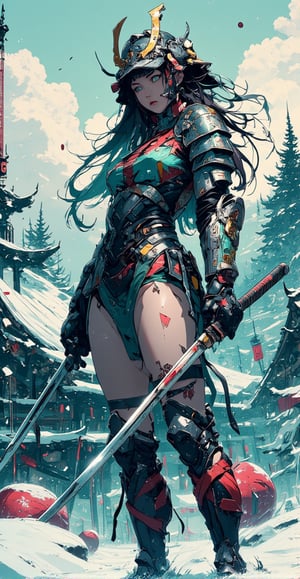 cyberpunk anime style, a stunning japanese female warrior, long flowing hair, wearing samurai armour and helmet, holding a katana with both hands on a snowy battlefield, theme in teal, red and black colour, high quality, highly detailed