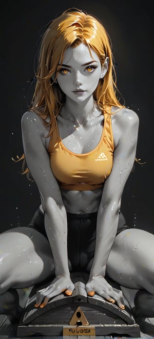 , score_9, score_8_up, score_7_up, 1girl, solo, yoga position, yellow sportwear, black hair, Orange eyes, yellow inner hair, sweat, wooden horse, (black background), (spot color, selective color, selective_coloring, grayscale skin), (dark theme),