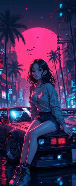 detailed illustration, illustration by Serpieri,score_9, score_7_up, (A girl sits on the hood of a sports car from 80s. Vaporwave style.
 egmid.
