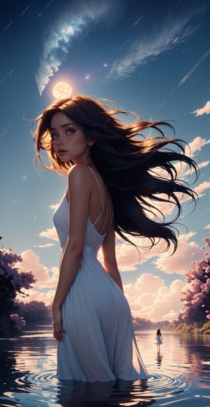 (masterpiece),(wallpaper), (best quality), (best illuminate, best shadow), (best illustration), dynamic angle, (+++a girl+++) is walking in front of a delicate and beautiful moon-blue sky, solo, from side, (Backlight), mid shot, (the beautiful and delicate girl:1.3), beautiful bare back, (detailed face:1.2), (long floating hair:1.2), (beautiful long dress:1.2), floating dress, the girl (walking) on surface of the water, Beautiful and delicate violet light water surface, reflective water surface, High saturation blue clouds and (stars sky) in the background, cold color,
2d game scene,oil and watercolor painting,,