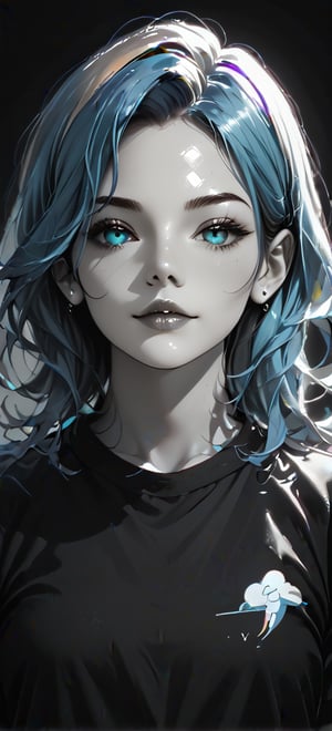 , score_9, score_8_up, score_7_up, blue hair, light blue inner hair, blue eyes, ((rainbow multicolored shirt:1.6)), looking at viewer, parted lips, (black background, spot color, selective color, selective_coloring, grayscale skin), glowneon