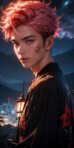 handsome male,,IncrsSecretPower,solo,super funny,,itadori yuuji,pink hair,spiked hair,short hair,undercut,facial mark,brown eyes,starry sky,shooting star,itadori_yuuji, mountains,Spider Lily