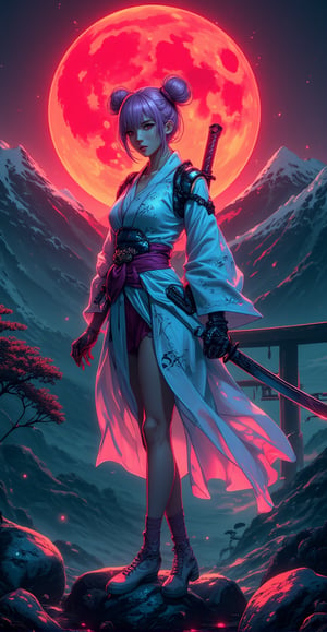 The cyborg stands confidently with one leg raised, she has the most beautiful double pom pom hair thats neon pink, her foot resting on a small rock as she holds her katana across her back, the red moonlight reflecting off the bladeâs edge. Her robotic arm grips the hilt firmly, and her other hand rests on her hip, displaying her muscular frame beneath her high-tech suit. Her baggy kimono flutters gently in the wind, adorned with traditional Japanese cloud illustrations, and her scarf sways elegantly behind her. The scene is set against two mountains and a giant torii gate, all softly illuminated by the red moon's glow, while volumetric fog and cyan-red lights give the scene a mystical, almost cinematic quality
retro cyberpunk anime,
, hkwarrior,
 , detailmaximizer
 , aidmaGlow,