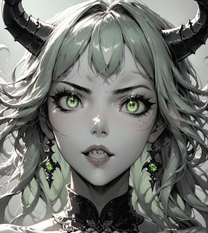 score_9, score_8_up, score_7_up, BREAK, source_anime,
monochrome green style, close up, 1girl, demon girl, horns, sharp teeth, bright lime colored eyes, looking at viewer, 
hard lighting, best quality, intricate, highly detailed, masterpiece,Expressiveh,



colorvsgrey, monochrome, greyscale