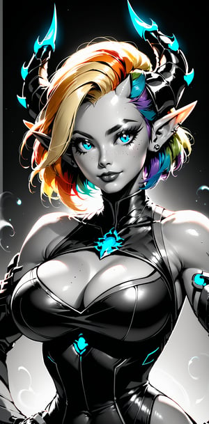 score_9, score_8_up, score_8, female, cel-shading, backlit, delicate features, very long hair,, upper body, from waist up, big breasts, horns, 0xYung, techwear, cyborg, pointy elf ears, multiple ear piercings,  ((rainbow hair)), short hair, black background, techwear, LFB, large horns, dynamic pose, freckles, blonde, tan, blue eyes, colorvsgrey, monochrome,
