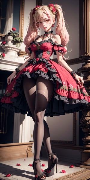 ultra detailed, sharp focus, best quality, masterpiece, colorful,  wrenchlogown, 1 gir, beautiful face, olive skin, pantyhose, high heels, frills, flower, pink dress, embroidery, dirty blond hair, puffy full lips, very long twintails, best quality, masterpiece, intricate details,dress,Color Booster