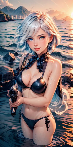 (extremely detailed CG unity 8k wallpaper, masterpiece, best quality, ultra-detailed, beautiful detailed eyes:1.2) furina \(genshin impact\), heterochromia, evil smile, wet, skin, cleavage, bikini, beach, holding gun, aiming, wading, fluffy clouds, waves, sunrise, mountains, water splash 