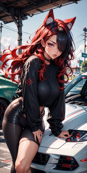 1girl,baggy clothing,black hair,red hair,multi color hair,long hair,wolf ears,goth,wild hair,black clothing,red clothing,hair over one eye,sports car in background,Color Booster,Sexy Women 