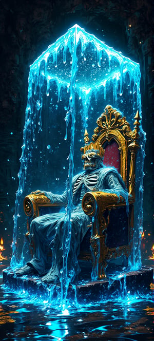 famous artwork in the style of dan mumford, an intricately detailed and dynamic scene in a dark, decaying throne room of an ancient gothic castle, low angle view of a gooey translucent gelatinous cube with rounded, oozing, dripping edges and corners, it is colored in a deep blue to light blue gradient, its magical glowing gel engulfing the skeletal remains of a once-mighty king with his imposing orante golden crown and dissolving regal attire on an intricately carved, gilded throne with elaborate filigree, the throne's luxurious design featuring detailed engravings of mythical creatures and ancient symbols, the contents of the towering gelatinous cube are slowly dissolving, creating tiny bubbles in the gel, the cube's gelatinous mass distorts the view like uneven, slightly milky glass, the scene is bathed in deep, moody colors with harsh shadows and vibrant neon highlights, tattered banners hanging from the walls, flickering torches casting sinister light across the room, the atmosphere is both ominous and otherworldly, blending horror and fantasy in a visually striking, dramatic, and epic composition,   