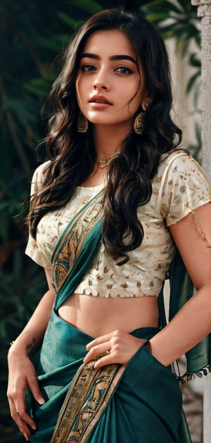 Take a photo of a woman with wide hips, perfect arms, perfect fingers, perfect legs,medium hair, wearing an Indian saree and a jewelry accessory, showcasing her freckles, and a small, intriguing tattoo on her arm. The woman should have a slight smirk on her face, and her detailed face, especially her detailed nose, should be the focal point of the image. Use the rule of thirds in composition to frame her face beautifully, and enhance the photo with dramatic lighting to add depth and intensity. Place the woman against an intricate background that complements her personality and adds to the overall story of the photograph.",lalisamanoban,rashmika ,Saree,4NUSH4,no_humans