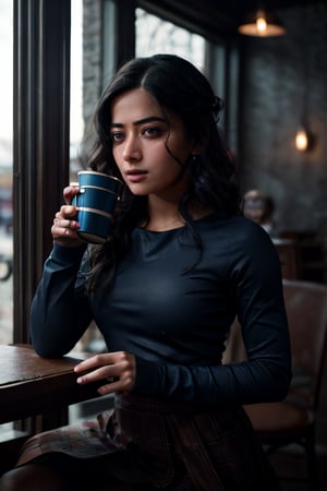 Take a roadside coffee shop photo of a sitting 1 woman holding cup with perfect anatomy at a circular table, table should contain plants and other things. It's a blue-colored, moody picture. The woman should have detailed thighs and a detailed face. The focus of the image should be a detailed table. Using the rule of thirds in composition, frame her sexy waist beautifully and enhance the photo with dramatic lighting to add depth and intensity. Place the woman against a coffee shop where shop is decorated beautifully that complements her personality and adds hair shadows to her face." (Lalisamanoban, rashmika, no_humans, detailed face, sharp eyes, upshirt, detailed face, no_humans, Game of Thrones),	 SILHOUETTE LIGHT PARTICLES,through_the_thighs,Detailedface, big breast and thighs