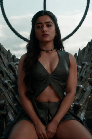 Take a daytime, moody photo of a woman with wide hips in a sitting pose on a Game of Thrones chair with lots of swords, wearing a tight saree and a stylish collar or choker accessory, showcasing her narrow, sexy waist and an intriguing tattoo on her arm. The woman should have big eyes, and her detailed face, especially her detailed nose, should be the focal point of the image. Use the rule of thirds in composition to frame her face beautifully, and enhance the photo with dramatic lighting to add depth and intensity. Place the woman against a game of thrones background that complements her personality.",lalisamanoban, rashmika, ,no_humans,Detailedface,Detailedeyes,shrutih,Game of Thrones, tight Saree,bottom_view