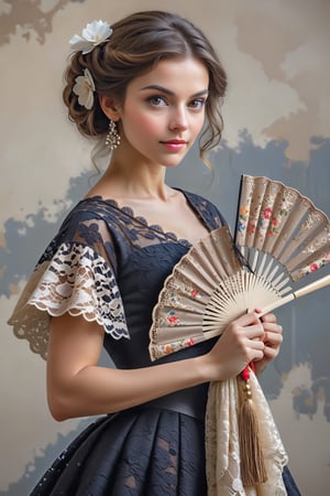 (masterpiece), Slender woman holds her closed Spanish lace fan with her hand, (she places the open fan on her waist, as if it were a belt. This highlights her figure and her style), The image has a geometric art style, with simple shapes and solid colors, which give it an elegant and sober look, real and detailed, highlights the color of your eyes, The image must be high impact, the background must be dark and contrast with the figure of the girl, The image must have a high detail resolution of 8k, (full body), (artistic pose of a woman points the closed Spanish lace fan to something or someone), in 8k quality, the woman shows a confident attitude, romantic style, real and detailed, highlights the color of your eyes, The image must be high impact, The image must have a high detail 8k resolution, image (full body), (artistic pose of a woman),Leonardo Style,pturbo