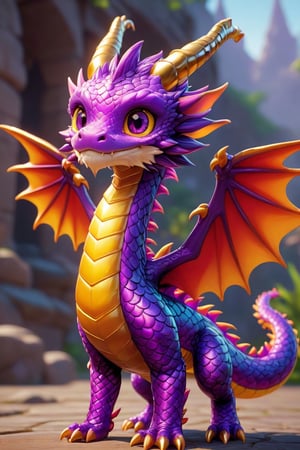 enigma, octane rendering, unreal engine, cinematic, hyperrealism, 16k, depth of field, bokeh.iridescent accents.vibrant.Dragon cub made like the video game character Spyro, with dragon scales with a shiny purple and gold outline, horns golden and two red wings, it has four purple legs, a charismatic personality, a cunning look, the dragon has the tip of its tail in the shape of a golden arrow. In color, each scale shines with iridescent hues, transforming the ordinary into a fascinating spectacle.,dragon
