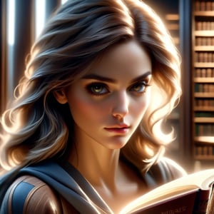(masterpiece), Represent her calm appearance but intense undertone, like an image of a woman reading a book in a library while having a penetrating and mysterious gaze, the image is 8k quality,DonMM4g1cXL ,text logo