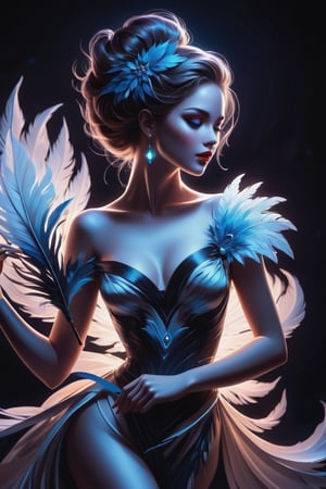 (masterpiece), Slender woman holds a swan feather fan in her hand, (she places the open swan feather fan on her waist, as if it were a belt. This highlights her figure and her style), The image has a geometric art style , with simple shapes and solid colors, which give it an elegant and sober look, real and detailed, highlights the color of your eyes, the image must be high impact, the background must be dark and contrast with the figure of the girl, The image must have a high detail resolution of 8k, (full body), (artistic pose of a woman),Leonardo style,A dancing girl,Face makeup,neon style,DarkSynth,Leonardo Style