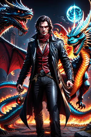 a male aesthetic vampire from the Italian mafia taming an undead dragon with a whip and a chain,a man in a leather jacket and a scarf, with fangs, blood, a ring, a dragn with bones, scales, wings and fire, a whip and a chain, cool, realistic, detailed, 4k,DonMF43Dr4g0n 