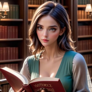 (masterpiece), Represent her calm appearance but intense undertone, like an image of a woman reading a book in a library while having a penetrating and mysterious gaze, the image is 8k quality,glass,girl