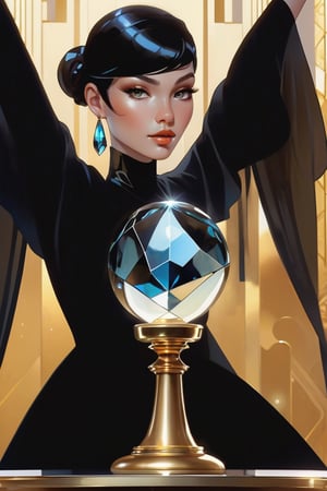 detailed shot of a beautiful slender woman on a gold pedestal, with makeup, hypnotizing look, the hematite stone crystal ball in her hand, artistically posing with the hematite, digital painting, intricate, elegant, highly detailed, art station, impressionistic art, smooth, sharp focus, illustration, Unreal Engine 5, 8k, art by artgerm and greg rutkowski and alphonsemucha,shards,glass,brocken glass,transparent glass,pieces of glass,darkart