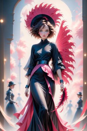 (masterpiece), Slender woman holds a pink natural ostrich feather fan in her hand, (she places the open pink ostrich feather fan on her waist, as if it were a belt. This highlights her figure and her style), The image It has a geometric art style, with simple shapes and solid colors, which give it an elegant and sober look, real and detailed, highlights the color of your eyes, The image must be high impact, the background must be dark and contrast with the figure of the girl, The image must have a high detail resolution of 8k, (full body), (artistic pose of a woman),Leonardo Style,A girl dancing,Face makeup