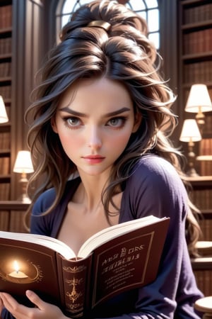 (masterpiece), Represent her calm appearance but intense undertone, like an image of a woman reading a book in a library while having a penetrating and mysterious gaze, the image is 8k quality, style fantasy,girl