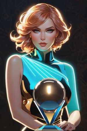 detailed shot of a beautiful slender woman on a gold pedestal, copper colored hair, with makeup, hypnotizing look, the hematite stone crystal ball in her hand, artistically posing with the hematite, digital painting, intricate, elegant, highly detailed, art station, impressionistic art, smooth, sharp focus, illustration, Unreal Engine 5, 8k, art by artgerm and greg rutkowski and alphonsemucha,shards,glass,brocken glass,transparent glass,pieces of glass,darkart,DonMD4rk3lv3sXL,neon style