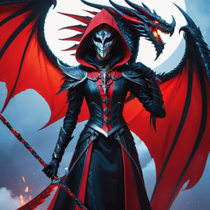 masterpiece, visually stunning,(background detail), (Full body), a stylized harlequin holding a scythe and petting his guardian dragon, a woman in a red and black outfit and a mask, with a checkered pattern, a necklace and a hood, a dragon with scales, wings and fire, a scythe and a chain, badass, realistic, detailed, 4k,aw0k euphoric style,aesthetic portrait,monster,Sci-fi ,scythe,holding scythe,more detail XL,detailmaster2,photo r3al,dragon