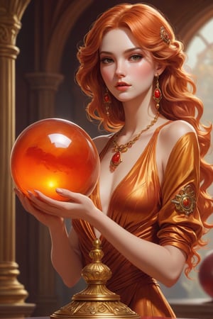 Detailed shot of a beautiful slender woman on a golden pedestal, carrot-colored hair, with makeup, mesmerizing look, the red jasper stone crystal ball in her hand, artistically posing with the red jasper, digital painting, intricate, elegant, very detailed,art station,impressionist art, soft, sharp focus, illustration, Unreal Engine 5, 8k, art by artgerm and greg rutkowski and alphonsemucha