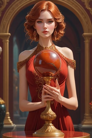 Detailed shot of a beautiful slender woman on a golden pedestal, copper colored hair, with makeup, mesmerizing look, the red jasper stone crystal ball in her hand, artistically posing with the red jasper, digital painting, intricate, elegant, very detailed,art station,impressionist art, soft, sharp focus, illustration, Unreal Engine 5, 8k, art by artgerm and greg rutkowski and alphonsemucha