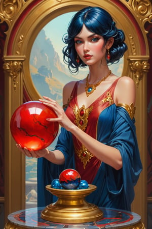 Detailed shot of a beautiful slender woman on a gold pedestal, blue-black hair, makeup, hypnotizing look, red jasper stone crystal ball in her hand, posing creatively with red jasper, digital painting, intricate, elegant, highly detailed, seasonal art impressionist art, sharp soft focus, illustration, Unreal Engine 5, 8k, art by artgerm and greg rutkowski and alphonsemucha