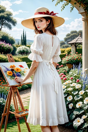 (masterpiece),  An image of a woman standing in a garden,  wearing a white dress and a straw hat,  painting a picture with an easel and brush,  the image is 8k quality