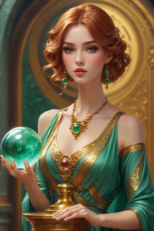 Detailed shot of a beautiful slender woman on a golden pedestal, copper colored hair, with makeup, hypnotizing look, the jade stone crystal ball in her hand, artistically posing with the jade, digital painting, intricate, elegant, highly detailed, season art,impressionist art, soft, sharp focus, illustration, Unreal Engine 5, 8k, art by artgerm and greg rutkowski and alphonsemucha