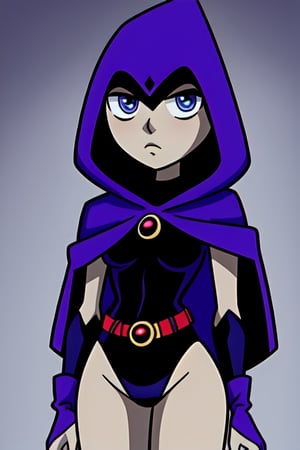 Raven TT with purple hooded cape, cartoon style.Teen Titans.(masterpiece), Raven TT wears a black leotard and a belt around her hips.RavenTT has light gray skin, violet-blue eyes, and shoulder-length blue hair. She casting a darkness manipulation spell, image quality is 8k,RavenTT,Wiz,DC,Raven,90s,80s,Cartoon