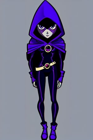 Raven TT with purple hooded cape, cartoon style.Teen Titans.(masterpiece), Raven TT wears a black leotard and a belt around her hips.RavenTT has light gray skin, violet-blue eyes, and shoulder-length violet hair. attack pose. dark spell casting pose, image quality is 8k,fantasy00d,Circle,High detailed ,inksketch,sketch art,30,simplecats
