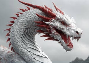 Realistic, Dragon Made of Scales - White with Red Stripes, Desolate, Intricately Detailed, Lightning Art, Particles, Beautiful, Breathtaking, Impressive, Shocking, Highly Detailed, Digital Art, Sharp Focus, Trending in Art Station, Still Film,Tiger 