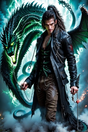 a male aesthetic vampire from the Italian mafia taming an undead dragon with a whip and a chain,a man in a leather jacket and a scarf, with fangs, blood, a ring, a dragn with bones, scales, wings and fire, a whip and a chain, cool, romanticismo style, realistic, detailed, 4k,DonMF43Dr4g0n ,dragon,Hosn,DonMD34thM4g1cXL