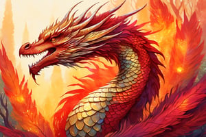 hand drawn illustration art of a beautiful eastern dragon, phoenix feathers, beak,fantasy forest background iridescent glowing dragon scales, fire essence, red and gold, fantasy, symmetrical dragon horns, digital art, (best quality)), intricate detailed,  DTstyle,Movie Still,girl,ink scenery