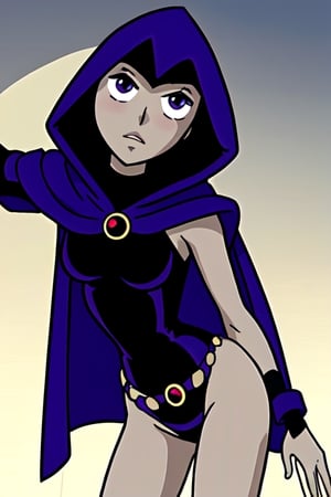Raven TT with purple hooded cape, cartoon style.Teen Titans.(masterpiece), Raven TT wears a black leotard and a belt around her hips.RavenTT has light gray skin, violet-blue eyes, and shoulder-length violet hair. Best attack pose.Best dark spell casting pose, image quality is 8k,line anime,娆х編鍗￠��,explosionmagic 
