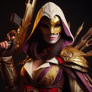 An 8k quality hellequin woman, the image must be striking and eye-catching with a tensor art style that captures the attention of the users, the hellequin must have an elegant appearance and an air of mystery, with a gold and purple colored outfit, with a striped design and a jester hat, His mask is gold, with a smile, His weapons are two golden daggers with spikes, The background must be dark and contrast with the figure of the Hellequin, the image must have a resolution of 8k and a high level of detail,Weapon Saturation 2.0, Weapon Brightness 0.2, Expression Contrast 1.2, Mask Saturation 2.0, Mask Brightness 0.2 Hue mask 0.1, Image Saturation 1.5, Hue 0.1, Full body image,saturation 2.0,Gold,Ghost mask ,More Detail,modelshoot style,insertNameHere,High detailed 