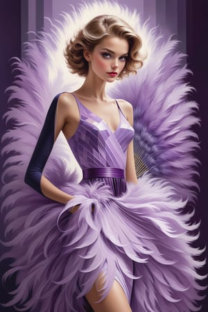 (masterpiece), Slender woman holds a fan of natural lilac ostrich feathers in her hand, (she places the open fan of lilac ostrich feathers on her waist, as if it were a belt. This highlights her figure and her style), The image has A geometric art style, with simple shapes and solid colors, which give it an elegant and sober look, real and detailed, highlights the color of your eyes, the image must be high impact, the background must be dark and contrast with the figure of the girl, The image must have a high detail resolution of 8k, (full body), (artistic pose of a woman),Leonardo Style,A girl dancing,Face makeup