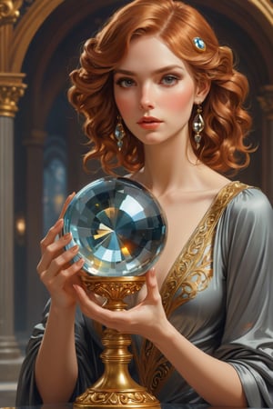 (masterpiece), Detailed shot of a beautiful slender woman on a golden pedestal, copper colored hair, makeup, hypnotizing gaze, hematite stone crystal ball in her hand, posing artistically with the hematite stone, digital painting, intricate, elegant, highly detailed, seasonal art.impressionist art, sharp soft focus, illustration, Unreal Engine 5, 8k, art by artgerm and greg rutkowski and alphonsemucha