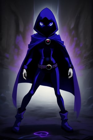 Raven TT with purple hooded cape, cartoon style.Teen Titans.(masterpiece), Raven TT wears a black leotard and a belt around her hips.RavenTT has light gray skin, violet-blue eyes, and shoulder-length violet hair. attack pose. dark spell casting pose, image quality is 8k