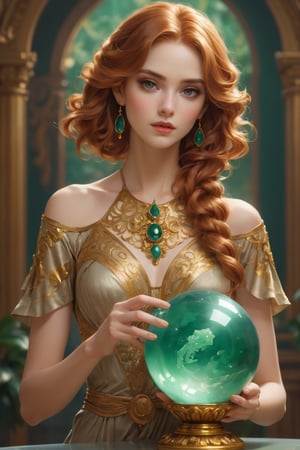 Detailed shot of a beautiful slender woman on a golden pedestal, copper colored hair, with makeup, hypnotizing look, the jade stone crystal ball in her hand, artistically posing with the jade, digital painting, intricate, elegant, highly detailed, season art,impressionist art, soft, sharp focus, illustration, Unreal Engine 5, 8k, art by artgerm and greg rutkowski and alphonsemucha