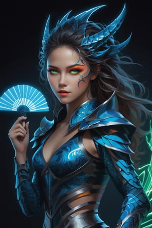 (masterpiece), Slender woman holds a dragon claw fan in her hand, The image has a geometric art style, with simple shapes and solid colors, which give it an elegant and sober appearance, real and detailed, highlights the color of your eyes, The image must be of high impact, the background must be dark and contrast with the girl's figure, The image must have a high detail resolution of 8k, (full body), (artistic pose of a woman), Style Leonardo,A girl dancing,Face makeup,nlgtstyle,DonMM4g1cXL ,darkart,Glass Elements,dragonarmor,DonMD34thM4g1cXL,DonMM4hM4g1cXL,neon style