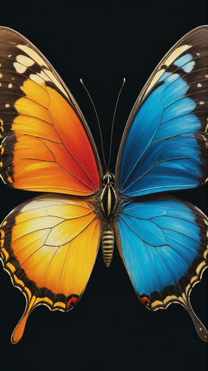 (Masterpiece),  An image of a butterfly with wings formed by two human faces looking at each other and facing each other,  one light and the other dark,  representing the duality of the Gemini,  the image quality is 8k,  The image has an optical illusion effect of two faces facing each other,  mimicking the wings of the butterfly,  creating a contrast between colors and shapes,  the effect also generates some lines and curves that simulate movement and energy,  transmitting beauty and passion