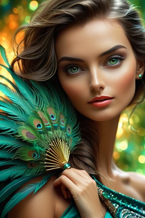 (masterpiece), Slender woman holds a Spanish turquoise feather fan in her hand, (she places the open fan on her waist, as if it were a belt. This highlights her figure and her style), (close up angle of (( on the portal )), ( Apricot, green,),(planet)detailed focus, deep bokeh, beautiful, , dark cosmic background. Visually delightful , 3D,ULTIMATE LOGO MAKER [XL]), The image has a geometric art style, with simple shapes and solid colors, which give it an elegant and sober look, real and detailed, highlights the color of your eyes, The image must be high impact, the background must be dark and contrast with the figure of the girl, The image must have a high resolution 8k detail, (full body), (artistic pose of a woman),christmas,SIMON PETRIKOV