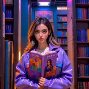 (masterpiece), Represent her calm appearance but intense undertone, like an image of a woman reading a book in a library while having a penetrating and mysterious gaze, the image is 8k quality,heavy_jacket,Toxic_Vision,DonMn1ghtm4reXL,aw0k euphoric style