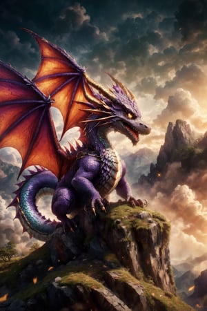 Generate hyper realistic DRAGON cub, Dragon cub made like the video game character Spyro, with dragon scales with a shiny purple and gold outline,  horns golden and two red wings,  it has four purple legs,  a charismatic personality,  a cunning look,  the dragon has the tip of its tail in the shape of a golden arrow,ULTEA REALISTIC,colorful,High detailed 
