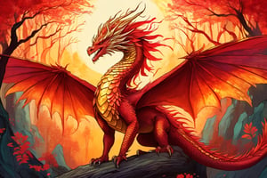 hand drawn illustration art of a beautiful eastern dragon, phoenix feathers, beak,fantasy forest background iridescent glowing dragon scales, fire essence, red and gold, fantasy, symmetrical dragon horns, digital art, (best quality)), intricate detailed,  DTstyle,Movie Still,girl,ink scenery