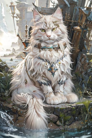 masterpiece, best quality, super cute fluffy siberian cat in armor, ultra detailed, vray rendering, unreal engine, mysterious,cat,meloncat,water,Robot ,no_humans